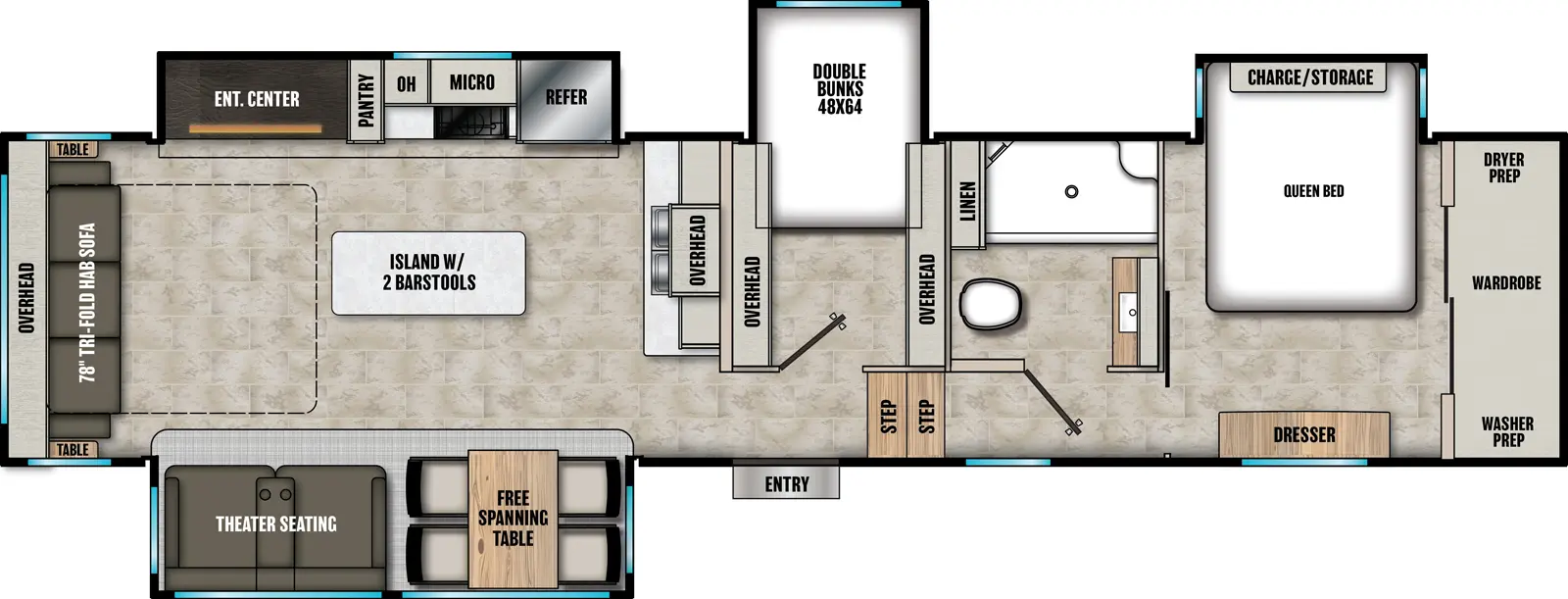 The Chaparral 360IBL floorplan has one entry and four slide outs. Exterior features include: fiberglass exterior and 18' awning. Interiors features include: bunk beds, kitchen island, free-standing dinette option, front bedroom and rear living.